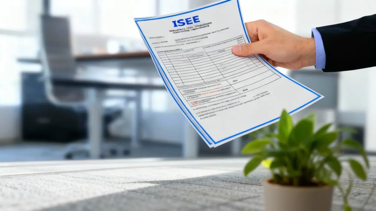 Una mano tiene un documento ISEE in un ufficio