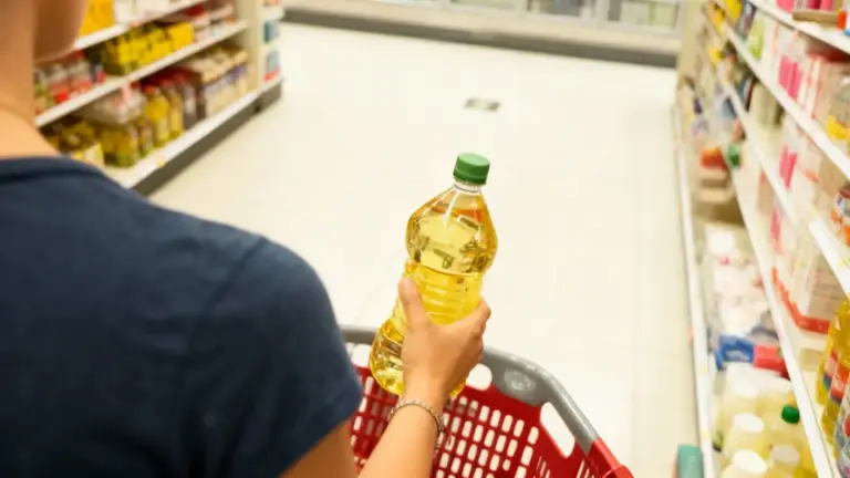 Persona con bottiglia di olio in un supermercato