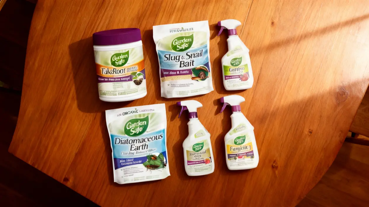 Prodotti per il giardinaggio disposti su un tavolo in legno