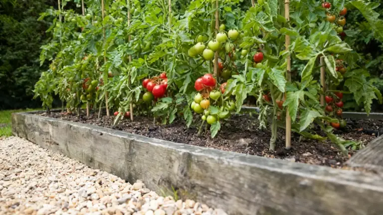 Piante di pomodori maturi e acerbi coltivate in un orto rialzato