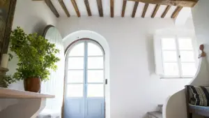 Ingresso luminoso con porta ad arco, pianta verde e soffitto con travi a vista