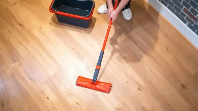 Una persona pulisce un pavimento in parquet con un mocio rosso e un secchio.