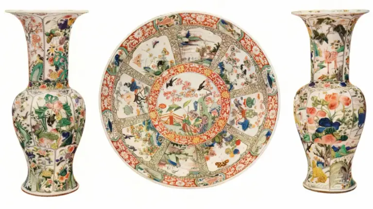 Due vasi e un piatto di ceramica antica finemente decorati con motivi floreali e scene orientali