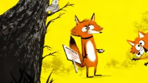 Volpi stilizzate con una cartolina in mano davanti a un albero su sfondo giallo