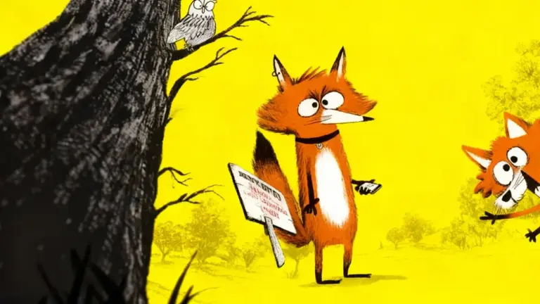 Volpi stilizzate con una cartolina in mano davanti a un albero su sfondo giallo