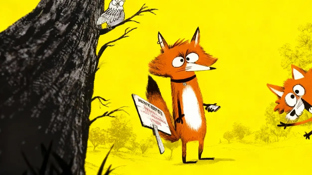 Volpi stilizzate con una cartolina in mano davanti a un albero su sfondo giallo