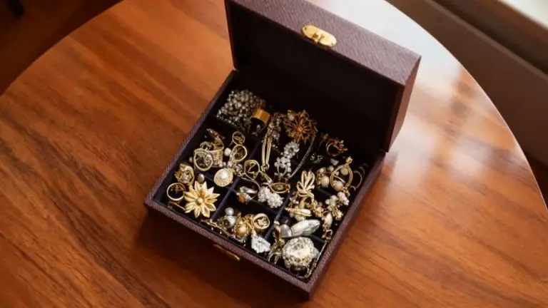 Portagioie antico con vari gioielli in oro e pietre su un tavolo di legno