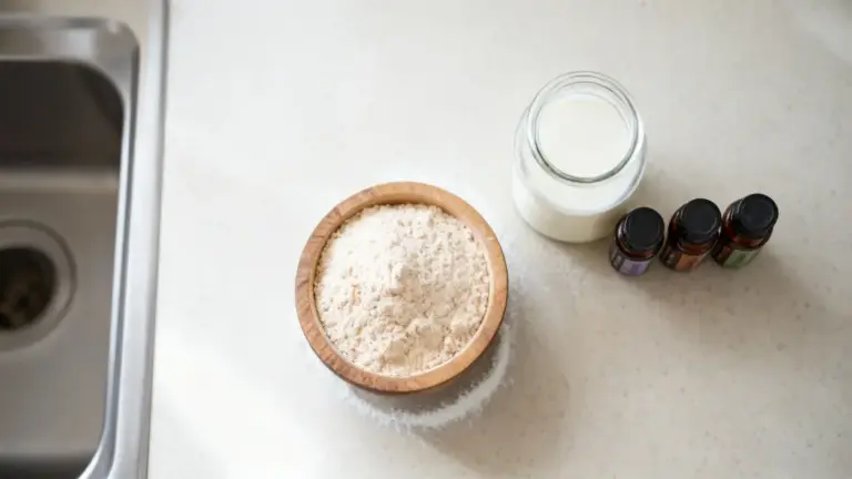 Ciotola di polvere naturale accanto a un barattolo di vetro e flaconcini su un piano cucina