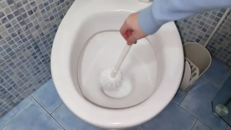Una persona pulisce il water con uno spazzolone in un bagno piastrellato