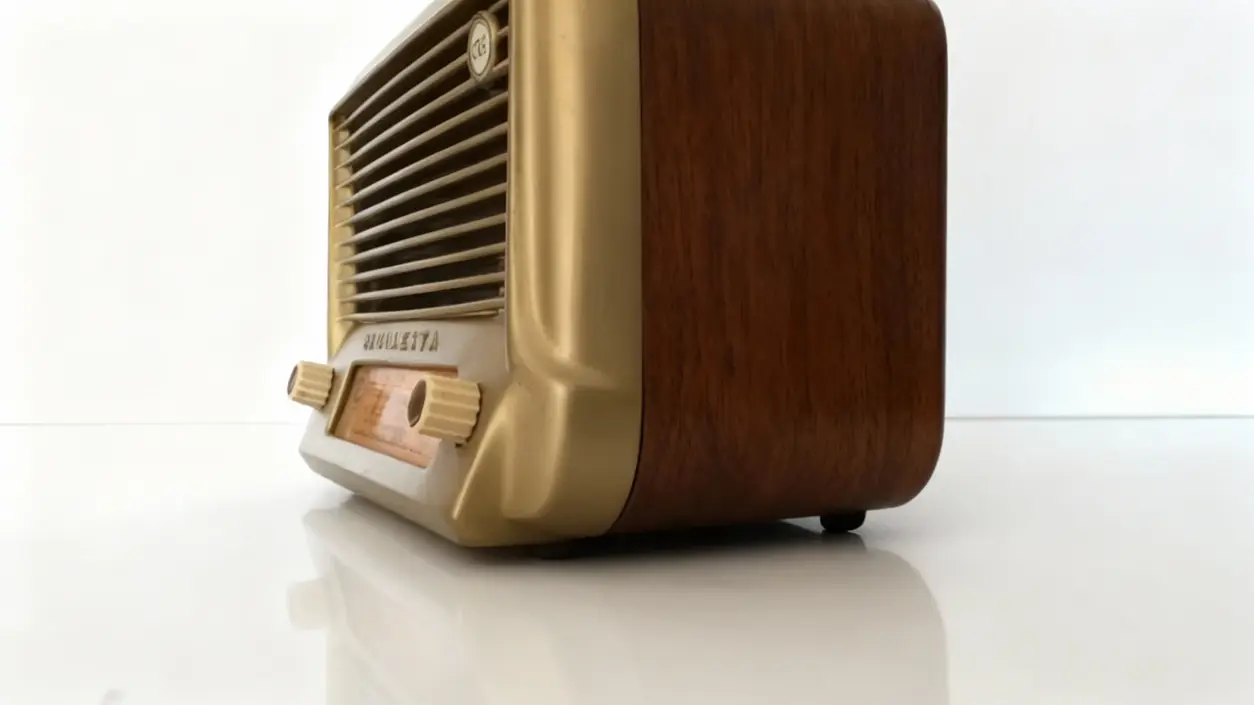 Radio portatile vintage degli anni '70 con finiture in legno e manopole frontali