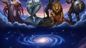 Rappresentazioni simboliche di segni zodiacali su sfondo celeste e costellazioni