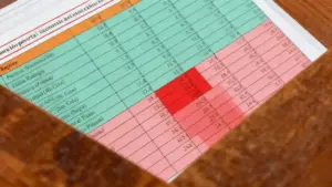 Tabella stampata con dati suddivisi per regione e anni, vista parzialmente da una scrivania