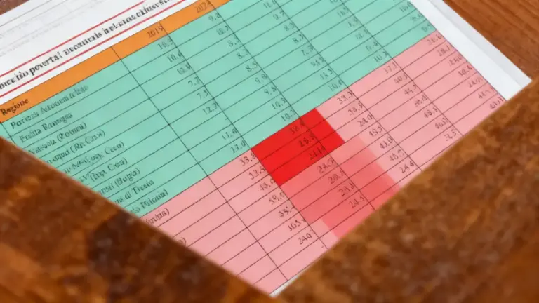 Tabella stampata con dati suddivisi per regione e anni, vista parzialmente da una scrivania