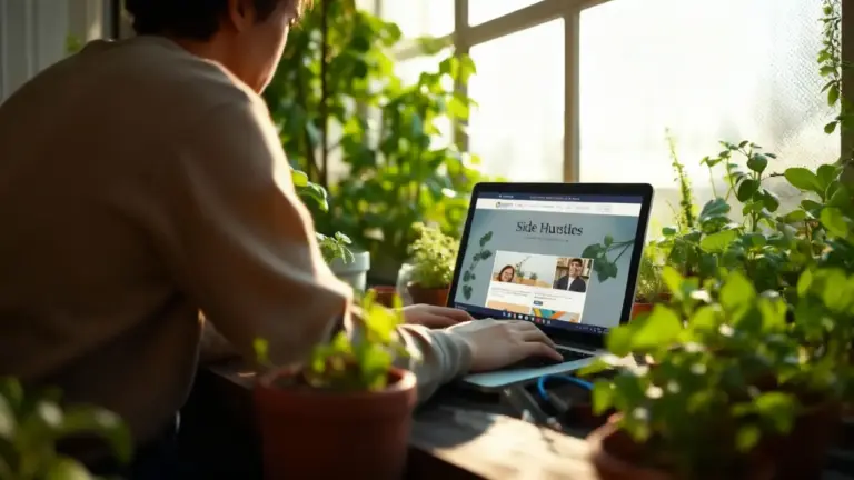 Persona al computer circondata da piante, naviga su un sito dedicato a lavori extra