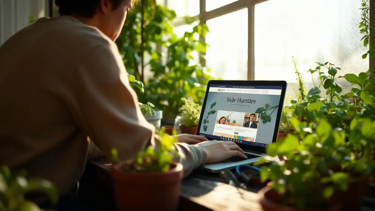 Persona al computer circondata da piante, naviga su un sito dedicato a lavori extra